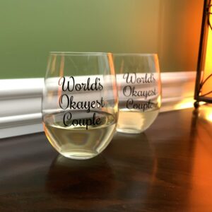 Worlds Okayest Couple Glasses, Wine Glass Set of 2, Funny Wine Glass set of 2, Funny Gift for Couples, Engagement Gift Idea for Couples, Wedding Gift, Anniversary Wine Glasses for Couples