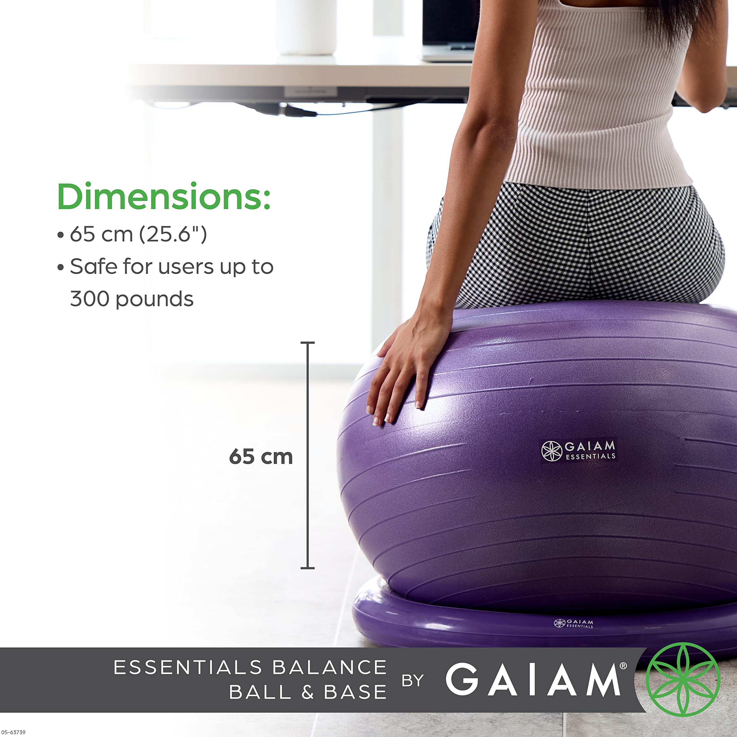 Gaiam Essentials Balance Ball & Base Kit, 65cm Yoga Ball Chair, Exercise Ball with Inflatable Ring Base for Home or Office Desk, Includes Air Pump - Navy