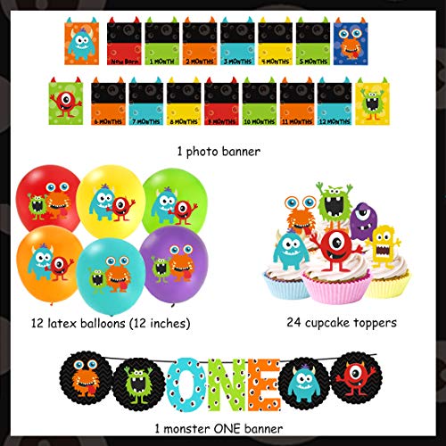 Monster 1st Birthday Decorations Kit - Monster Bash Photo Banner Balloons Cupcake Toppers for Little Monster Party Supplies