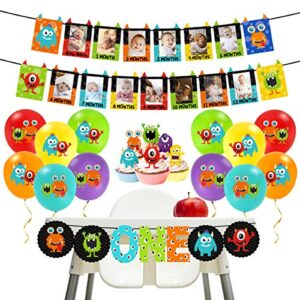monster 1st birthday decorations kit - monster bash photo banner balloons cupcake toppers for little monster party supplies