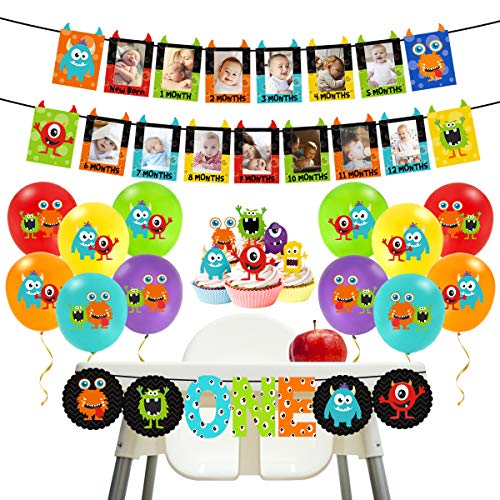 Monster 1st Birthday Decorations Kit - Monster Bash Photo Banner Balloons Cupcake Toppers for Little Monster Party Supplies