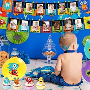 Monster 1st Birthday Decorations Kit - Monster Bash Photo Banner Balloons Cupcake Toppers for Little Monster Party Supplies