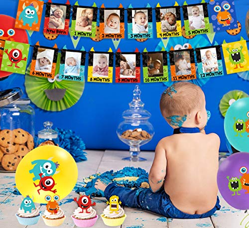 Monster 1st Birthday Decorations Kit - Monster Bash Photo Banner Balloons Cupcake Toppers for Little Monster Party Supplies