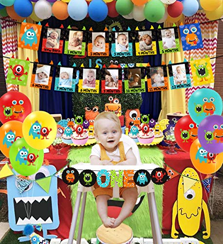 Monster 1st Birthday Decorations Kit - Monster Bash Photo Banner Balloons Cupcake Toppers for Little Monster Party Supplies