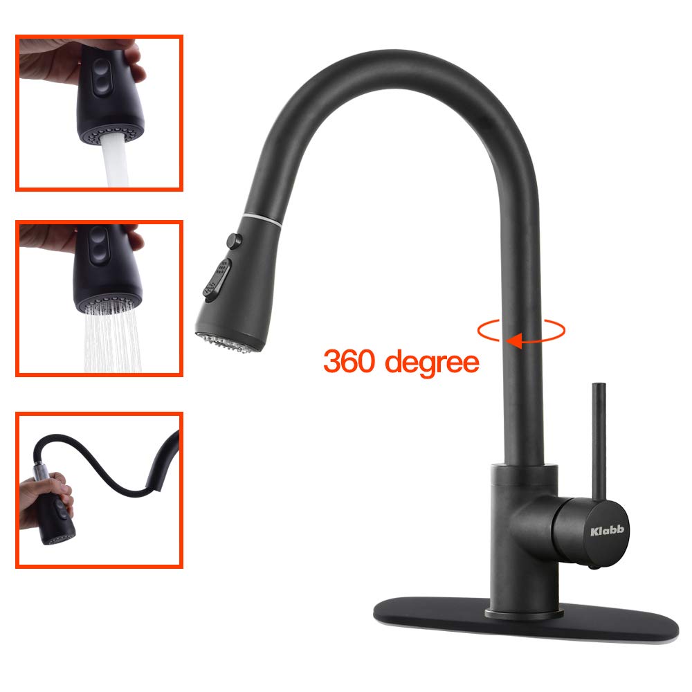 Klabb 8008 Kitchen Faucet Matte Black Single Handle Brass Pull Out Kitchen Faucet with Sprayer with Desk Plate