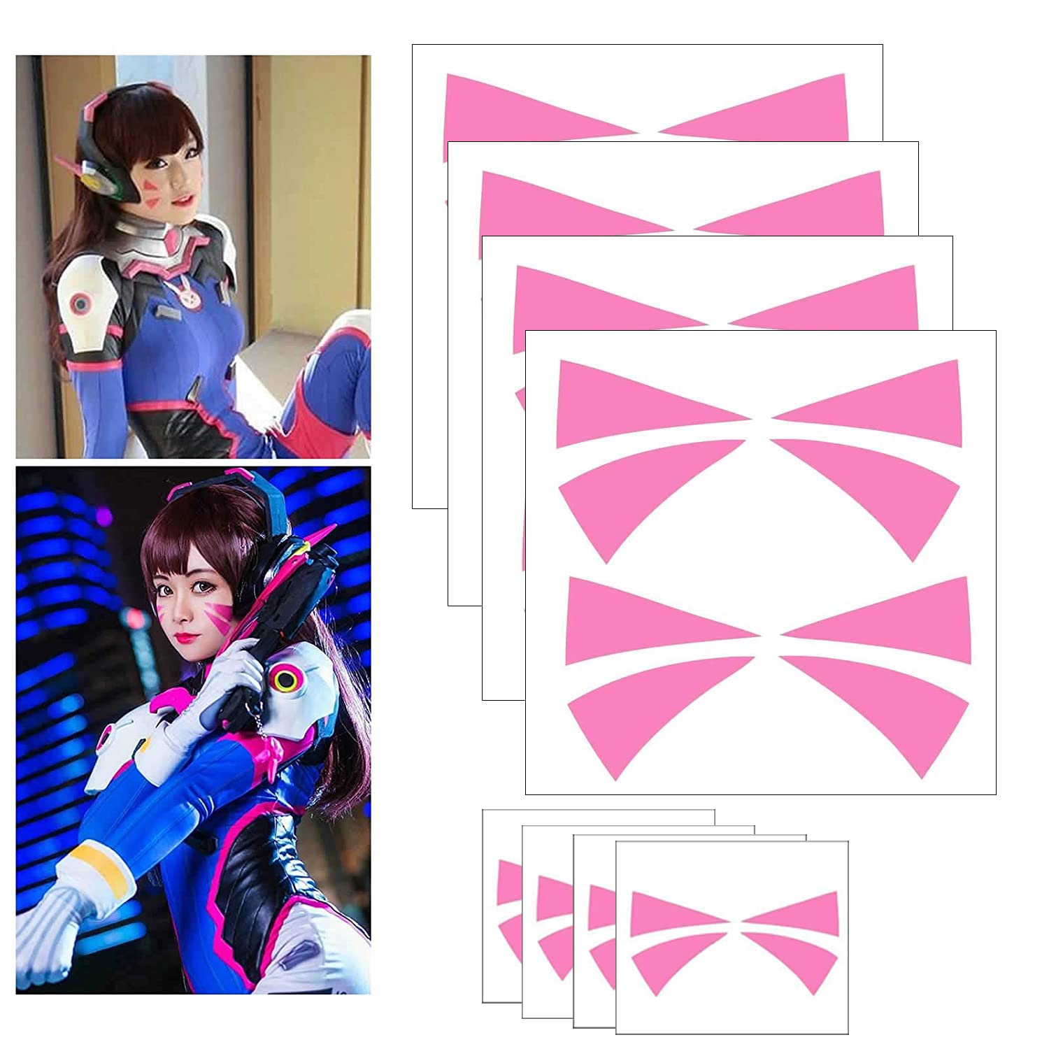 Cosplay Face Temporary Tattoos, 12 Tattoos Overwatch DVa Face Tattoo Stickers 2 Sizes Pink