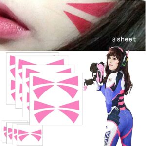 Cosplay Face Temporary Tattoos, 12 Tattoos Overwatch DVa Face Tattoo Stickers 2 Sizes Pink