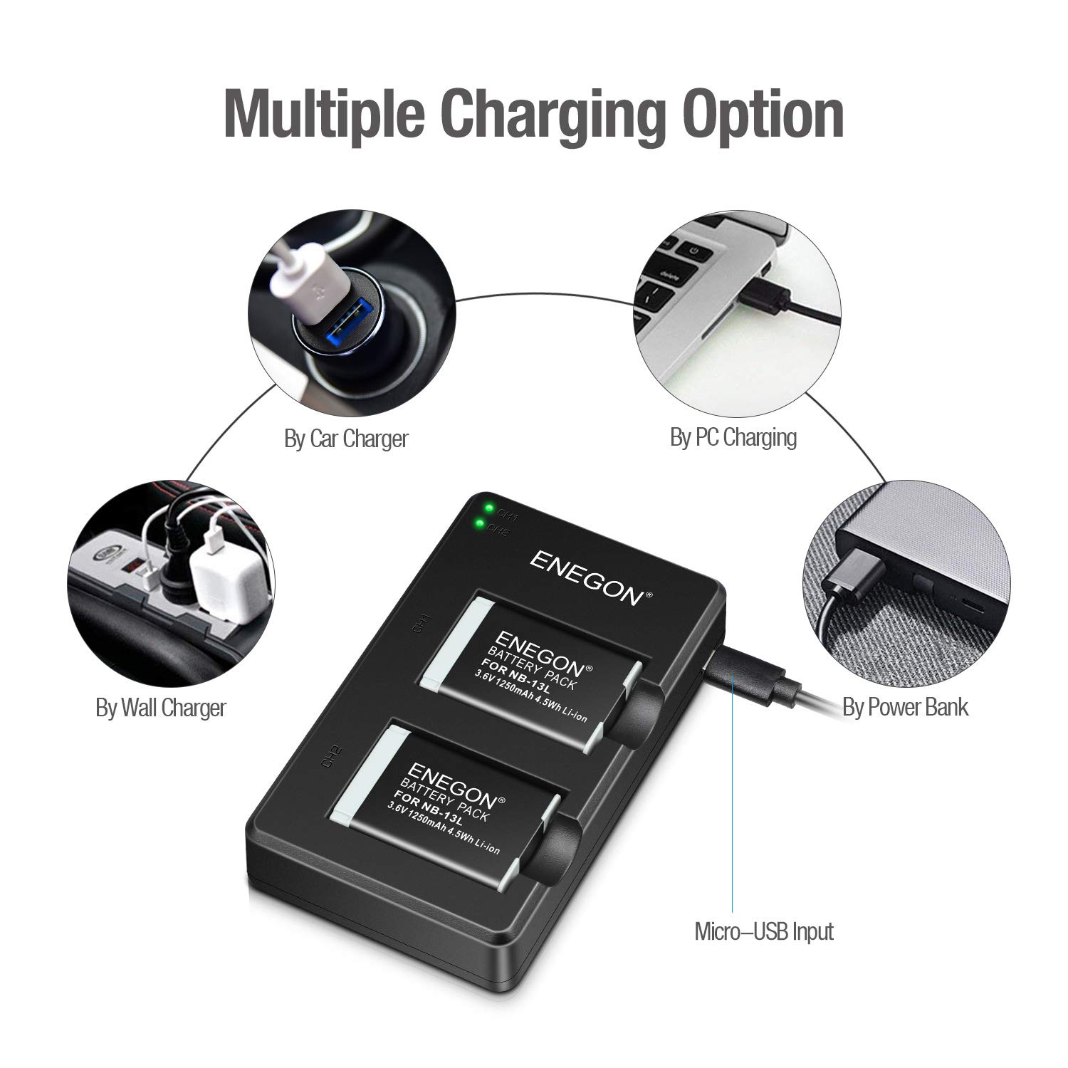 ENEGON NB-13L Replacement Lithium Battery Pack(2 Packs) and Dual USB Charger for Canon PowerShot G5X,G7X, G7X Mark II,III,SX720 HS, SX730 HS, SX740 HS, SX620 HS, G1X Mark III,G9X, G9X Mark II Cameras