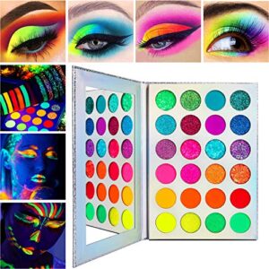 DE'LANCI Neon Eyeshadow Palette Glow in the Dark, Aurora Glow Eyeshadow Pallets Stage, Halloween Christmas Makeup Kit UV Blacklight Matte and Glitter Fluorescent Eye Shadows Highly Pigment