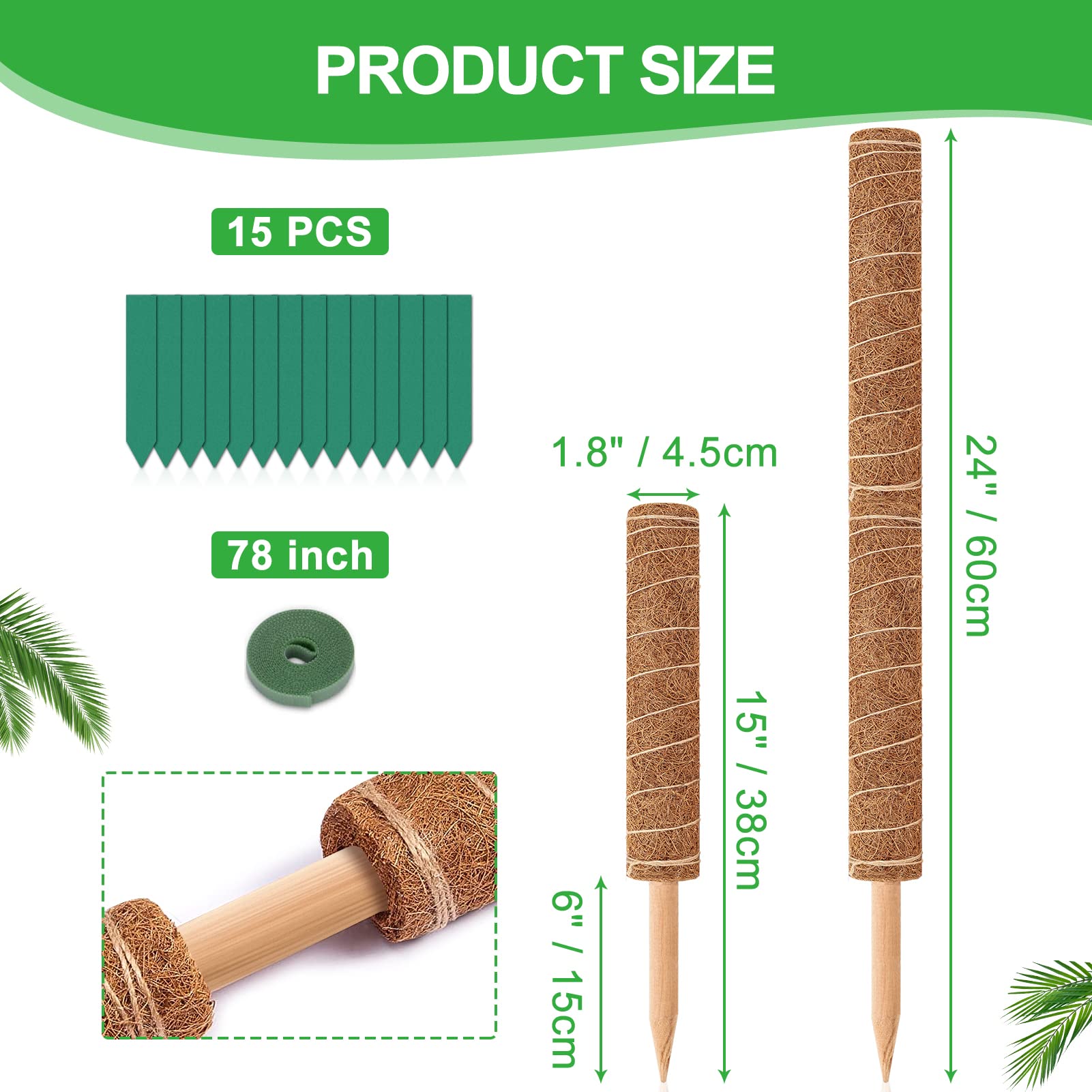 GROWNEER 24 Inch Moss Pole, 2 Pcs 15 Inch Stackable Totem Pole Plant Support, Moss Sticks for Indoor Plants with 15pcs Labels and 78in Garden Ties, Monstera Plant Stake for Climbing Plants Snake Plant