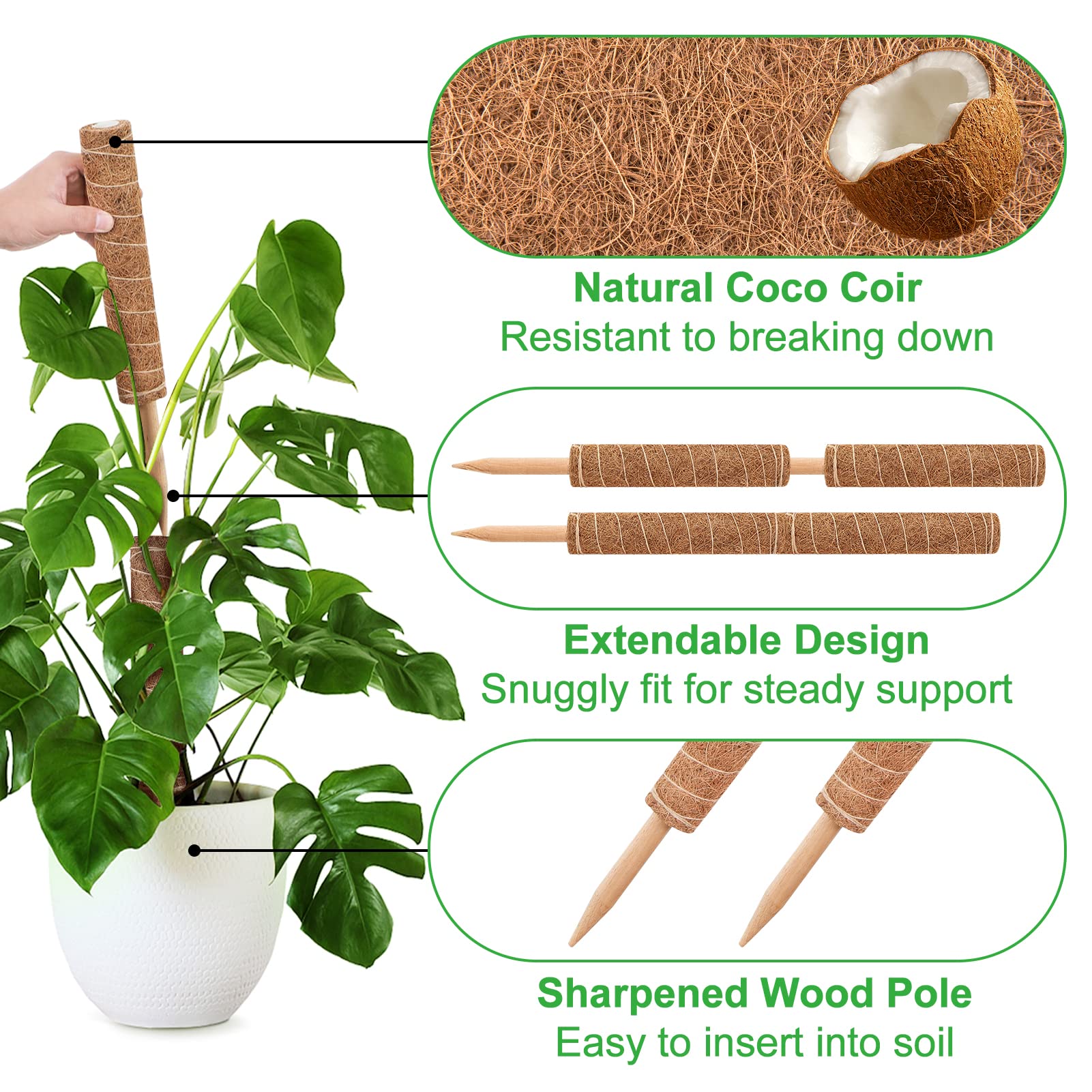 GROWNEER 24 Inch Moss Pole, 2 Pcs 15 Inch Stackable Totem Pole Plant Support, Moss Sticks for Indoor Plants with 15pcs Labels and 78in Garden Ties, Monstera Plant Stake for Climbing Plants Snake Plant