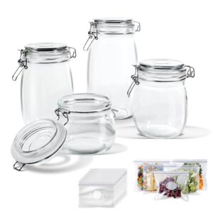 masthome glass jars with airtight lids, set of 4, kitchen preserving storage glass canisters bottles for cereal cookies sugar coffee pickles gifted 15 pcs food storage bags