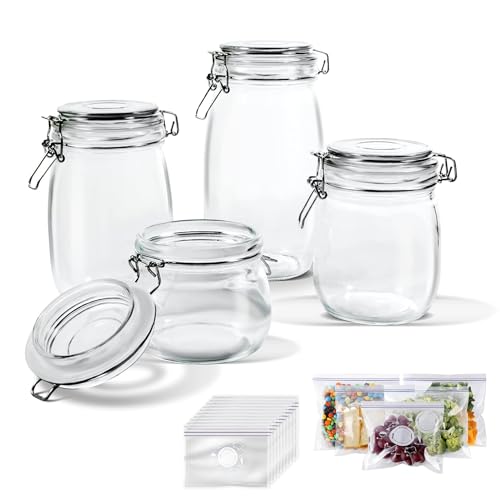 Masthome Glass Jars with Airtight Lids, Set of 4, Kitchen Preserving Storage Glass Canisters Bottles for Cereal Cookies Sugar Coffee Pickles Gifted 15 Pcs Food Storage Bags