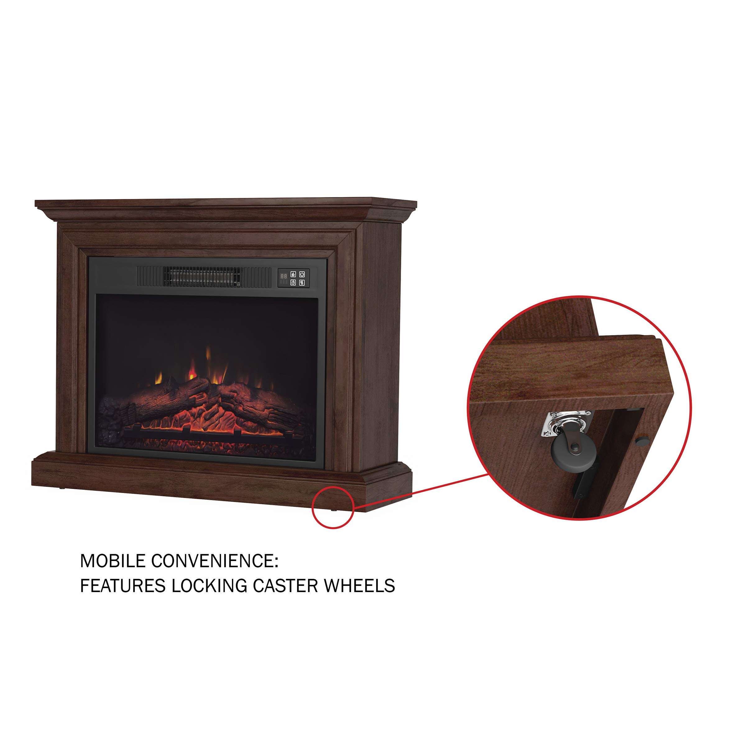 Mobile Electric Fireplace with Mantel - Portable Heater on Wheels with Remote Control, Light-Adjustable LED Flames, and Faux Logs by Northwest (Brown)