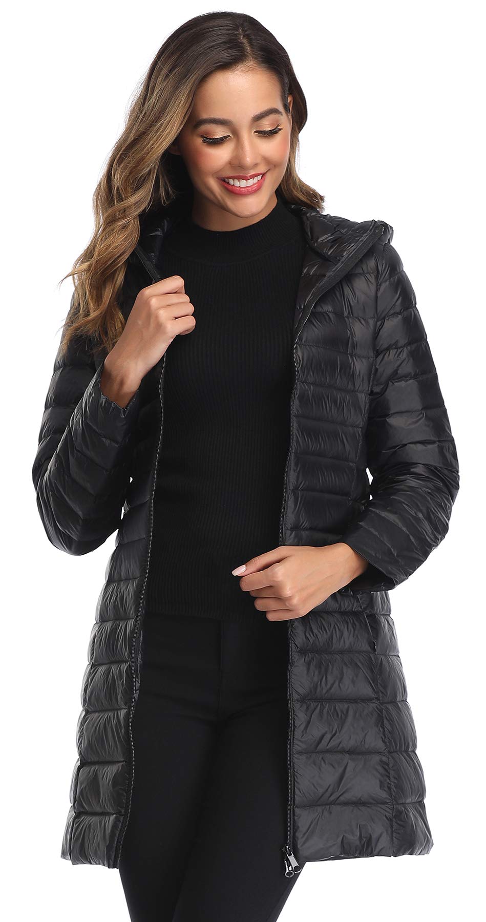 Obosoyo Women's Winter Packable Down Jacket Plus Size Lightweight Long Down Outerwear Puffer Jacket Hooded Coat Black XL