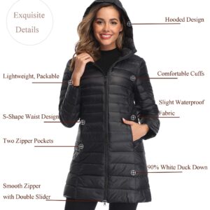 Obosoyo Women's Winter Packable Down Jacket Plus Size Lightweight Long Down Outerwear Puffer Jacket Hooded Coat Black XL