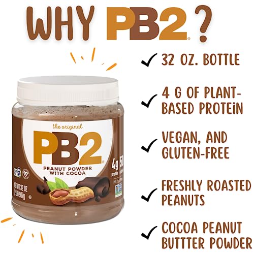 PB2 Powdered Chocolate Peanut Butter with Cocoa - 4g of Protein, 90% Less Fat, Certified Gluten Free, Only 50 Calories per Serving for Shakes, Smoothies, Low-Carb, Keto Diets…