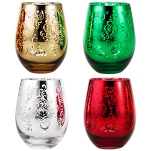 MyGift Assorted Christmas Themed Stemless Wine Glasses, Set of 4