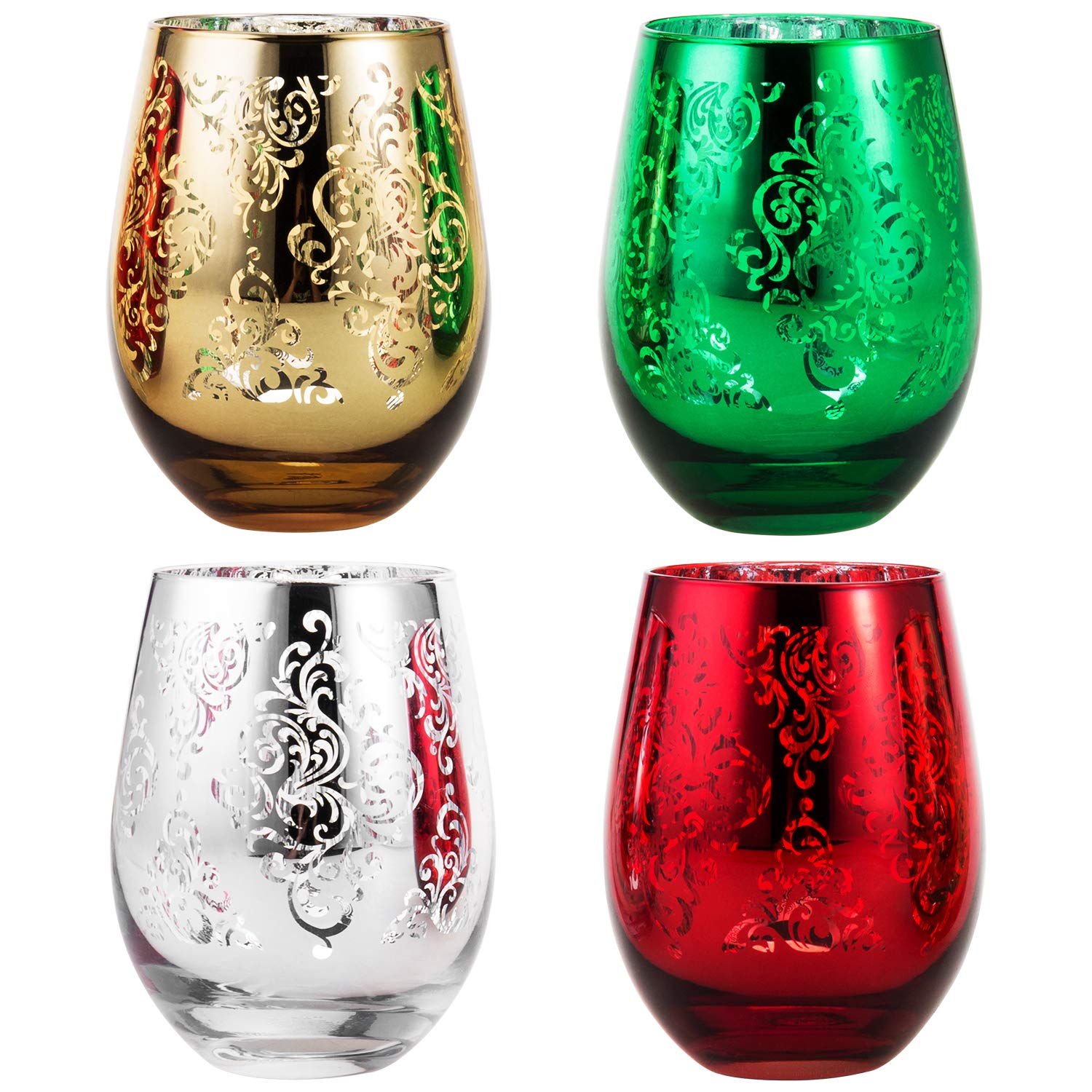 MyGift Assorted Christmas Themed Stemless Wine Glasses, Set of 4