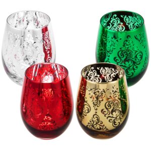 MyGift Assorted Christmas Themed Stemless Wine Glasses, Set of 4