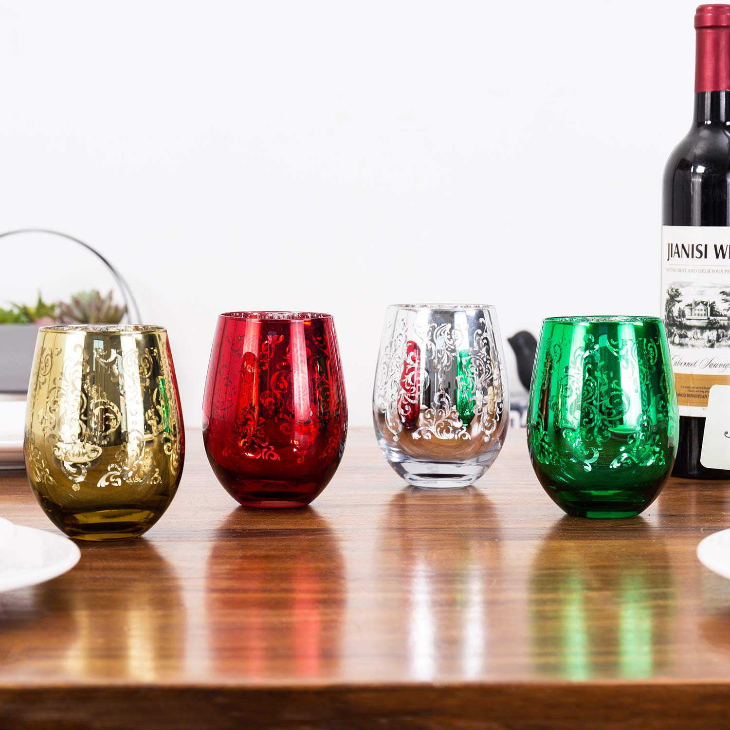 MyGift Assorted Christmas Themed Stemless Wine Glasses, Set of 4