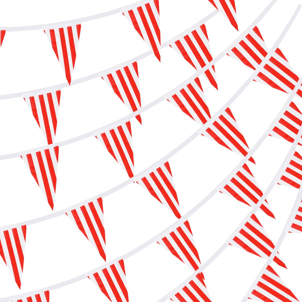 RUBFAC 170ft 120pcs Red and White Striped Pennant Banner, Carnival Circus Decorations Supplies, String Triangle Bunting Flags, Kids Birthday, New Year Eve Celebration Supplies