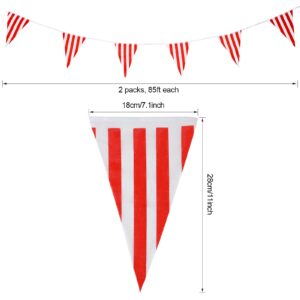 RUBFAC 170ft 120pcs Red and White Striped Pennant Banner, Carnival Circus Decorations Supplies, String Triangle Bunting Flags, Kids Birthday, New Year Eve Celebration Supplies