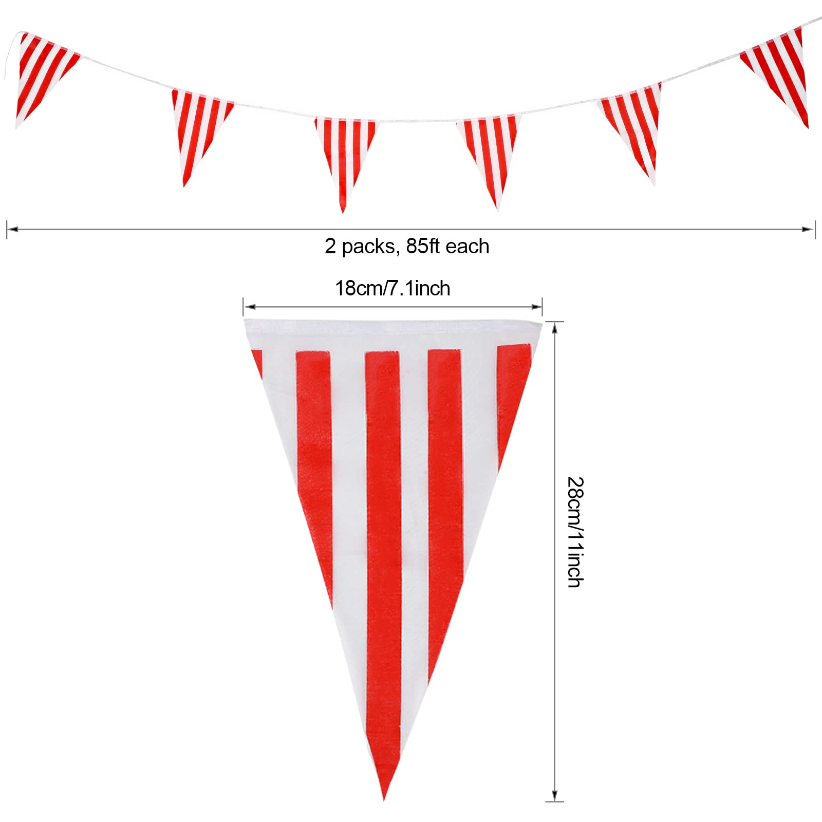 RUBFAC 170ft 120pcs Red and White Striped Pennant Banner, Carnival Circus Decorations Supplies, String Triangle Bunting Flags, Kids Birthday, New Year Eve Celebration Supplies