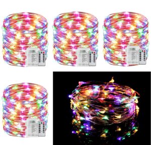 33ft string lights battery operated with remote control timer, 100led 4 pack waterproof 8 modes copper wire twinkle fairy lights for bedroom indoor outdoor wedding dorm christmas decorations