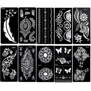 konsait 10sheets large temporary tattoo stencils, reusable henna tattoo sticker template feather butterfly mandala flower jewelry face body art glitter tattoo stencil kit for adults women girls