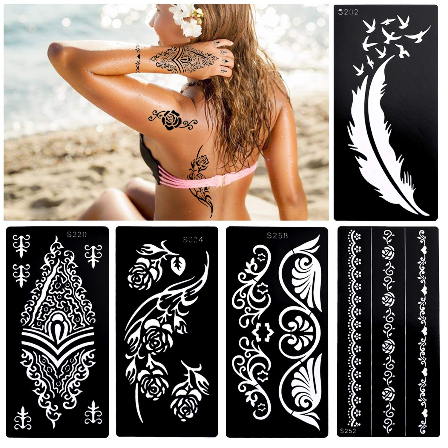 Konsait 10Sheets Large Temporary Tattoo Stencils, Reusable Henna Tattoo Sticker Template Feather Butterfly Mandala Flower Jewelry Face Body Art Glitter Tattoo Stencil Kit for Adults Women Girls