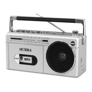 victrola vbb-25-slv mini bluetooth boombox with cassette player, recorder and am/fm radio, silver