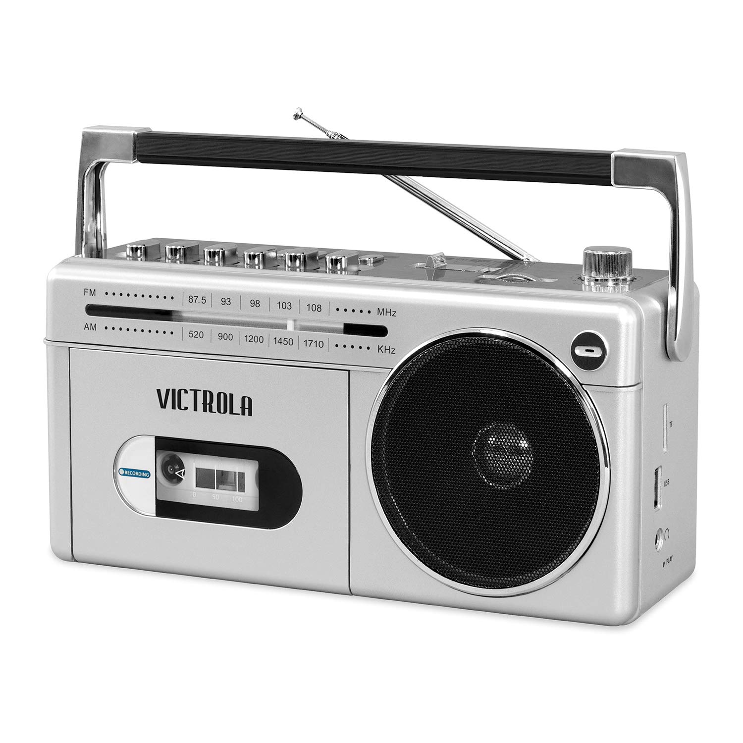 Victrola VBB-25-SLV Mini Bluetooth Boombox with Cassette Player, Recorder and Am/FM Radio, Silver