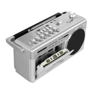 Victrola VBB-25-SLV Mini Bluetooth Boombox with Cassette Player, Recorder and Am/FM Radio, Silver