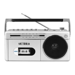 Victrola VBB-25-SLV Mini Bluetooth Boombox with Cassette Player, Recorder and Am/FM Radio, Silver