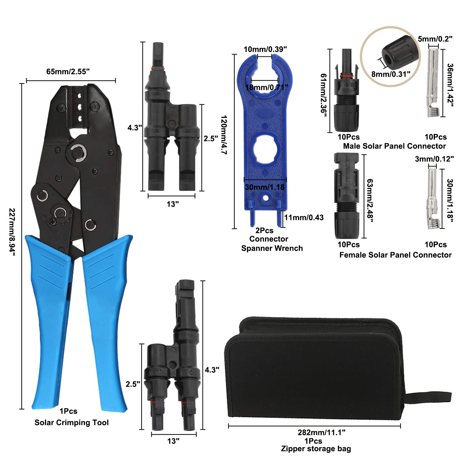 Homend Solar Panel Tools Kit Assembly Including 10 Pairs Female and Male Connectors, 2 Pieces Spanner, Y Branch Connector and Solar Crimping Tool