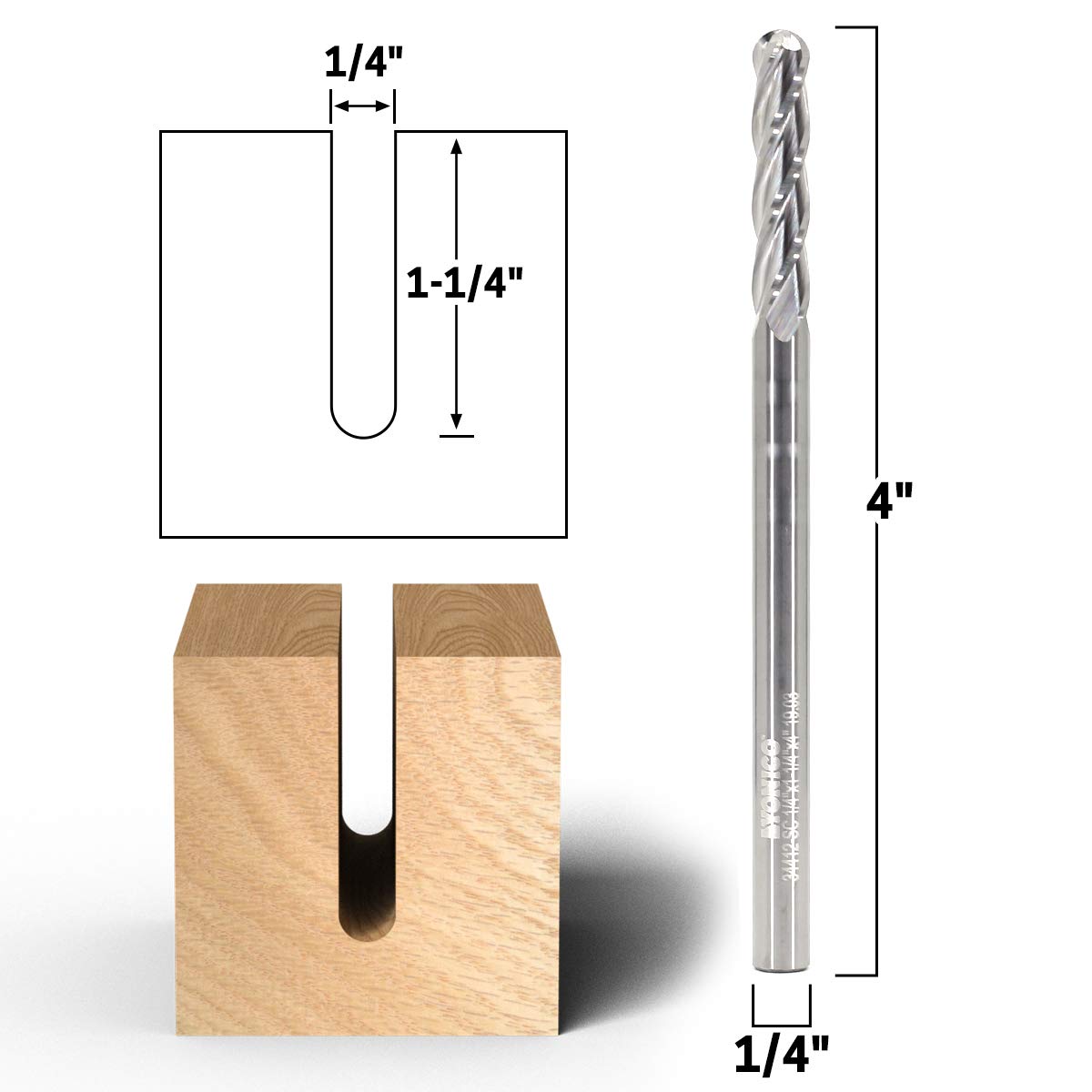 YONICO Carbide Ball Nose End Mill CNC Router Bits 4 Flute Spiral 1/4-Inch Dia. 1/4-Inch Shank 34412-SC