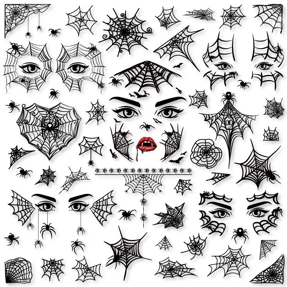 Konsait 65PCS Halloween Spider Face Tattoos Spider Web Spider Net Temporary Tattoos - Face Shoulder Arm Back Tattoos Stickers-Halloween Costume Apparel Cosplay Accessories Party Favor Supplies