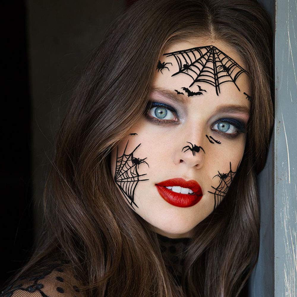 Konsait 65PCS Halloween Spider Face Tattoos Spider Web Spider Net Temporary Tattoos - Face Shoulder Arm Back Tattoos Stickers-Halloween Costume Apparel Cosplay Accessories Party Favor Supplies