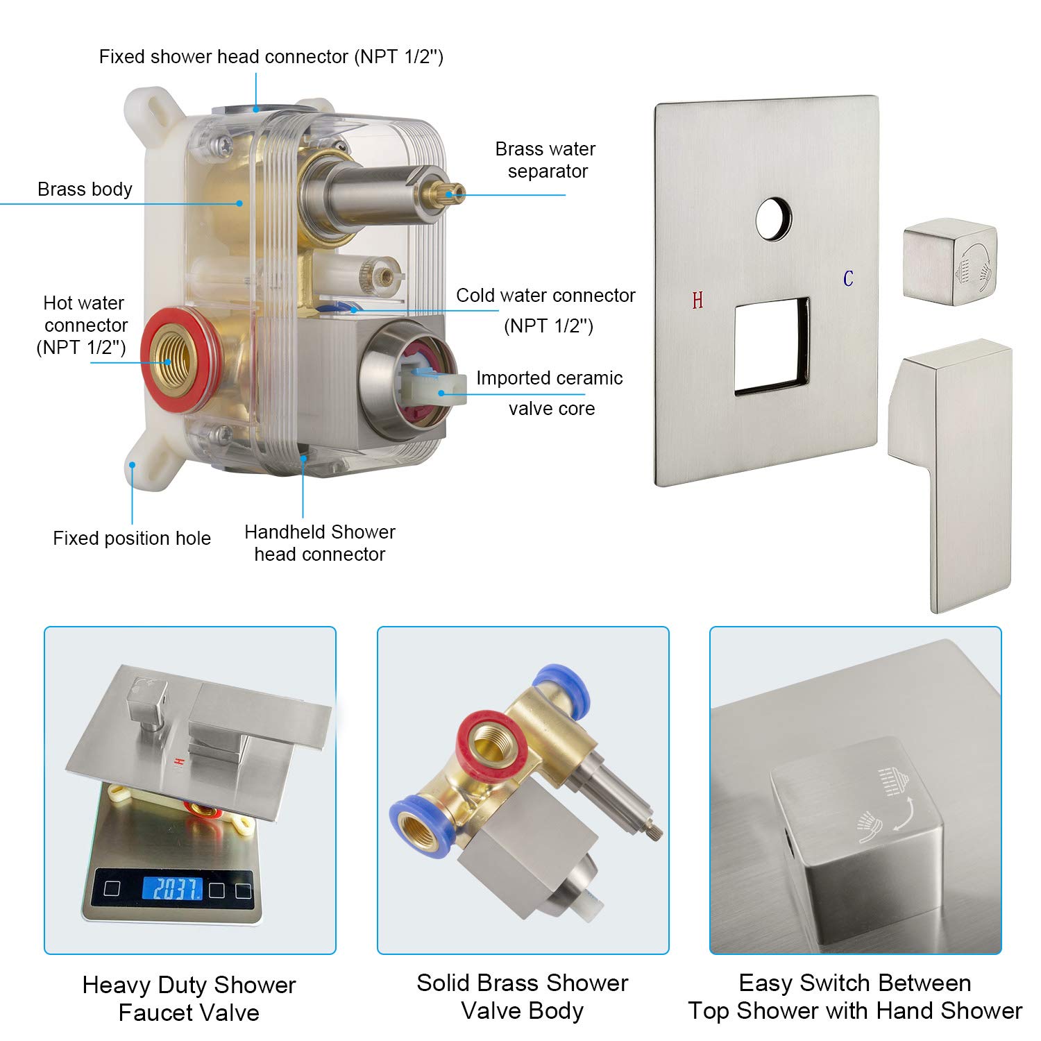 SunCleanse Rainfall Shower System Brushed Nickel Ceiling Mounted Shower System Combo Set with High Pressure 12 Inches Square Rain Shower Head Handheld and Shower Faucet Rough-in Mixer Valve and Trim