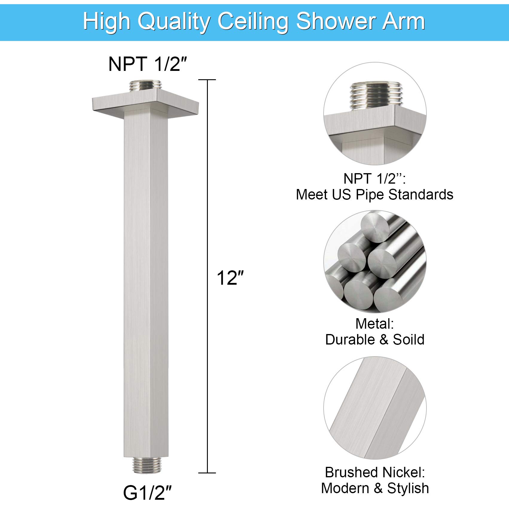 SunCleanse Rainfall Shower System Brushed Nickel Ceiling Mounted Shower System Combo Set with High Pressure 12 Inches Square Rain Shower Head Handheld and Shower Faucet Rough-in Mixer Valve and Trim