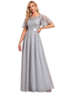 ever-pretty women's formal dresses crew neck sequin ruffle sleeve empire waist beaded long evening dresses grey us16