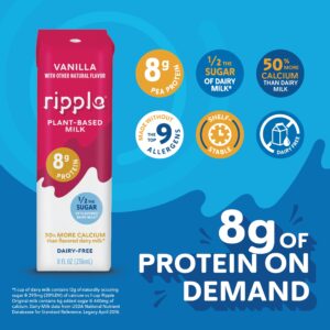 Ripple Non-Dairy Milk, Vanilla | Vegan Milk With 8g Pea Protein | Shelf Stable Single Serve Cartons | On-The-Go | Non-GMO, Plant Based, Gluten Free | 8 oz (Pack of 12)