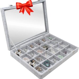 Hivory Jewelry Organizer Box - Earrings & Rings Accessories Display & Storage Tray - 24 Grid Large Showcase Holder - Jewelry Display Tray with Transparent Lid(Grey)