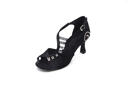 Pierides Women's Suede Sole Rhinestone Ballroom Dance Shoes Latin Salsa Performance Dance Shoes 2.75" Heel,7 US