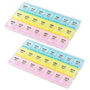 weekly pill organizer - (pack of 2) 21 day pill planners for pills vitamins & medication, pill box 3 times-a-day medication reminder boxes, easy to read & travel friendly