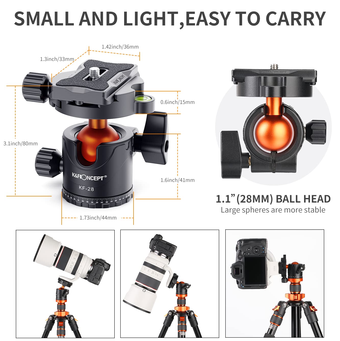 K&F Concept Professional 28mm Metal Tripod Ball Head 360 Degree Rotating Panoramic with 1/4 inch Quick Release Plate Bubble Level for Tripod Monopod Slider Camera Camcorder up to 22 pounds