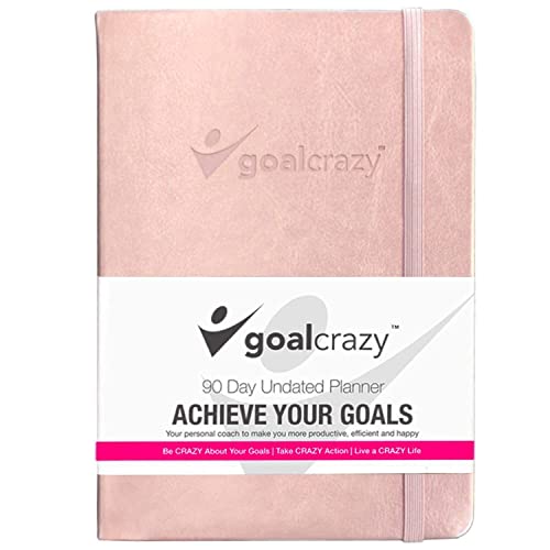 Goal Crazy Undated Planner - 90 Day Guided Journal, 2023 2024 Weekly Organization, Productivity Habit Tracker, Inspirational, Life Setting, Rose Gold, Pink Leather, Almond Pages