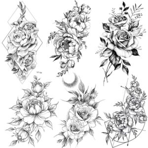 coktak 6 pieces/lot 3d realistic large black rose flower temporary tattoos for women body art arm big peony geometric tattoo stickers adults fake waterproof tatoo legs sketch sexy girl peach lily