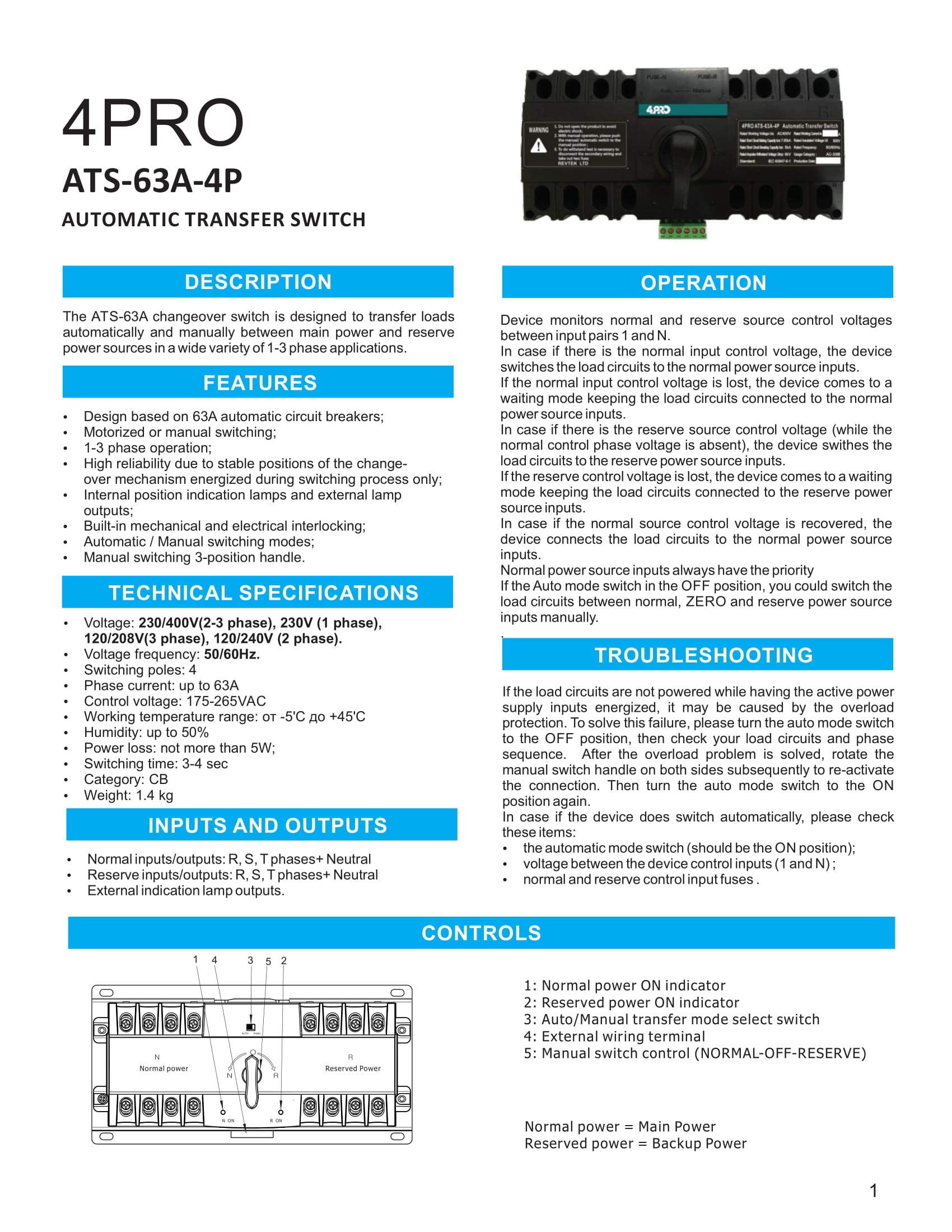 4PRO ATS-63A-4P-v3, 50/60Hz, Automatic Transfer Changeover Switch